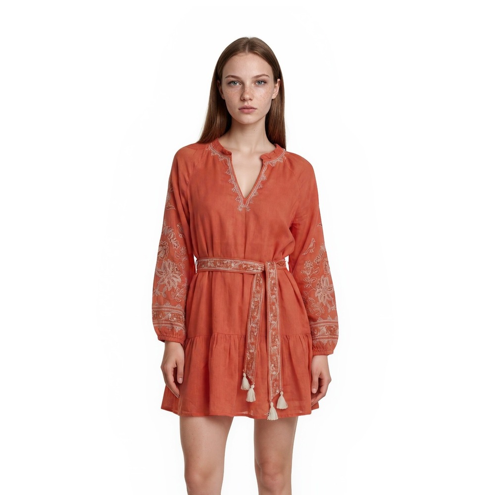 Spartina 449 100% Linen Mini Dress Women's Size Small Coral Orange Embroidered